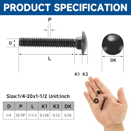 50 Sets 1/4-20 x 1-1/2 Black Carriage Bolts and Nuts Kit Stainless Steel