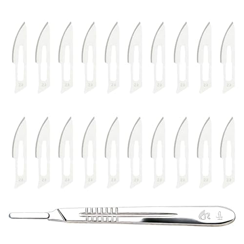 Scalpel Blades No. 23 with Scalpel Holder Stainless Steel No. 4 Sterile Pack of 20 | Disposable blades carbon steel, extremely sharp cutting edge, ideal for pedicure craft modeling, safely packaged