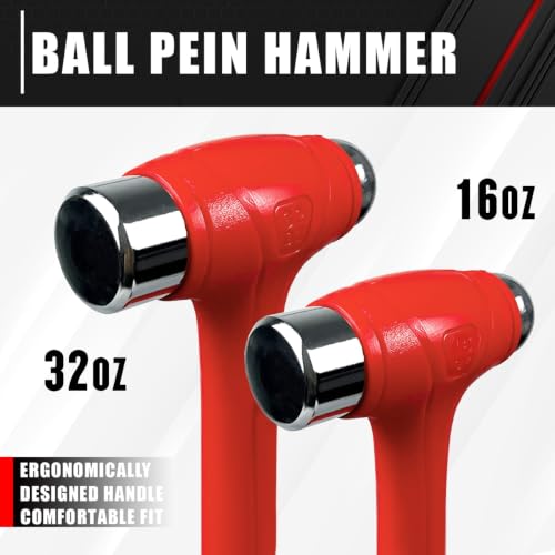 C&T 5-Piece Hammer Set, 16oz Ball Peen Hammer | 32oz Ball Peen Hammer | 32oz Rubber Mallet | 3lb Sledge Hammer | 3lb Cross Peen, Fiberglass Handle & Mallet Set 5pc