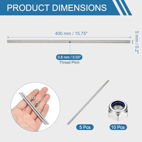 PATIKIL 5 Pcs Fully Threaded Rod, M5 x 400mm 304 Stainless Steel Right Hand Long Thread Bar Studs with Nuts for Pipes Clamps Hangers U-Bolts