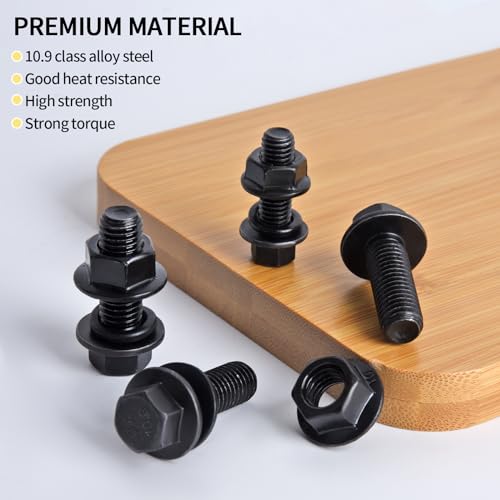 Flange Bolts Assortment Kit, M6 x 1.0, M8 x 1.25 M10 x 1.0 Flange Bolts Flange Nuts Assorted Bolts Metric Full Coarse Thread Nuts and Washers, Alloy Steel M6-M10
