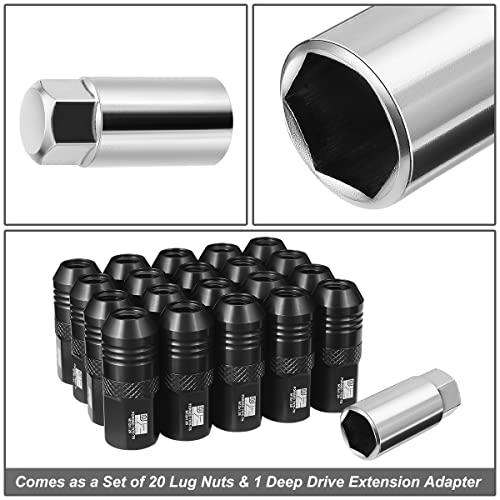 J2 Engineering J2-LN-T7-040-125-BK M12 x 1.25 T6-7075 Aluminum 50mm Open End Lug Nuts w/Deep Drive Extension Adapter,Black,21mm x 50mm