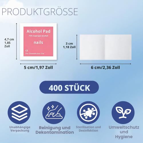 Pack of 400 Alcohol Swabs, Alcohol Pads with Travel Size, 75% Alcohol Wipes, Hygienic, Individually Packed, Ready to Use for Removing Sticky Nails, Mobile, Keyboard and Surfaces, 6 x 3 cm