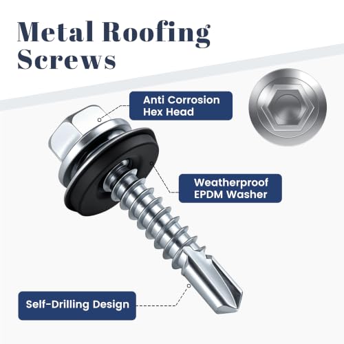 Mellewell #10 x 2 Self Drilling Metal Roofing Screws, Sheet Metal Roof Screws with EPDM Rubber Washer, Hex Head Self Tapping Screws, Hex Bit Socket Included, Carbon Steel, 250 PCS Silver #10 x 2"