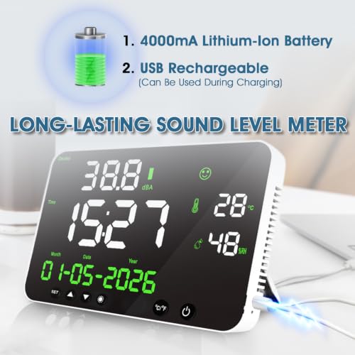 Digital Sound Level Meter 30-130dB with Alarm - Noise Decibel Monitor with Temperature,Humidity, Time, Calendar Display, 8-Level Dimmable, 11inch Screen, Wall Mounted for Classroom, Office, Factory White