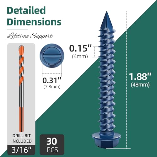30Pcs 1/4 x 1-3/4" Concrete Screws Anchors with Drill Bit & 200Pcs Concrete Screws Anchors with Drill Bit, 3/16" 1/4" Hex & Flat Head Concrete Masonry Cement Screws Assortment Kit for Masonry