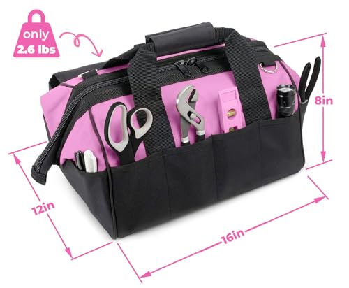 Pink Power Pink Tool Bag for Women -16" Tool Tote Bag w/ 22 Storage Pockets | Womens Small ToolBag Ladies ToolBox for Hand Tools, Power Kits & More - Womens Zipper Toolbag Caddy Organizer