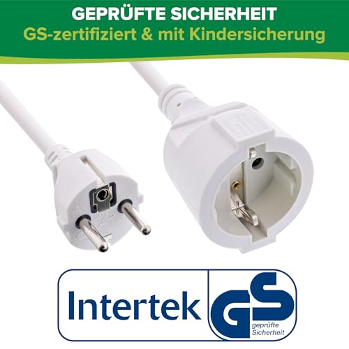 Inline Protective Contact Extension Cable CEE 7/7 Male / Female 1 m White | For indoor use, GS certified with child protection, 230V, H05VV-F3G1.5, 16400W 1m