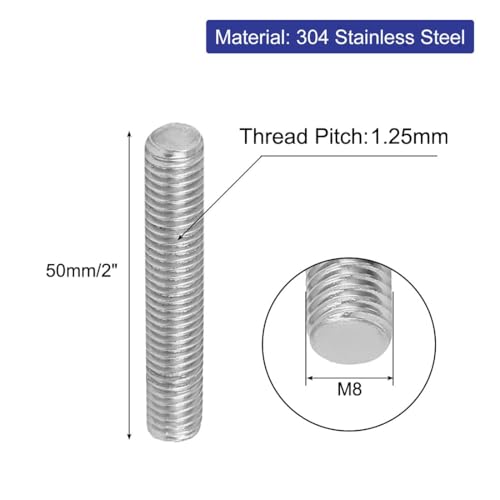 uxcell M8 x 50mm 304 Stainless Steel Fully Threaded Rods Bar Studs Fasteners 50 Pcs