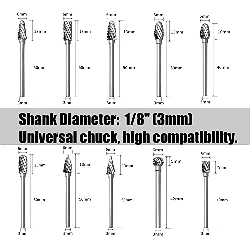 Carbide Burr Set for Dremel, 10 Pieces Wood Metal Cutter with 1/8 Inch Shank for DIY Woodworking, Carving, Engraving, Drilling, Metalworking