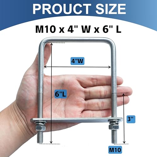 4 Pcs M10 Square U Bolts 4 Inch Wide, 3/8" x 4"W x 6" L M10 x 4"W x 6"L