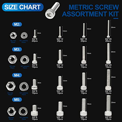 NINDEJIN M2 M3 M4 M5 Stainless Steel Hex Socket Head Cap Screw Bolts, Nuts Set and Washers Assortment Kit + Wrenches (Socket Head + Flat Head)