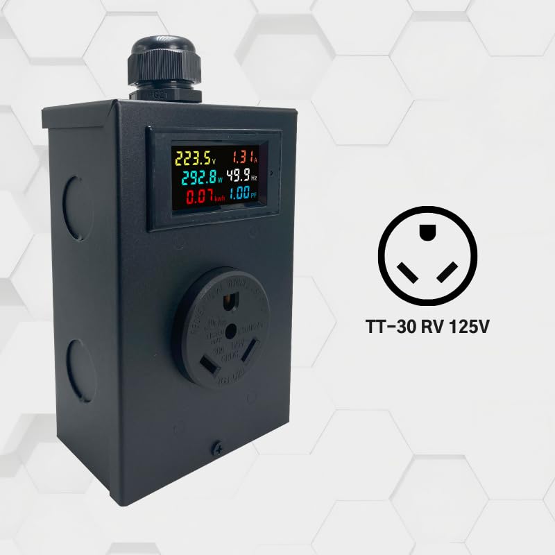TT-30 Outlet Meter Box Installation Kit Assembly Required for Custom Application w/Box, Recepticle, LCD Meter, Screws, Cable Gland 110-240v Ampmeter, Voltmeter, Monitor Energy Usage