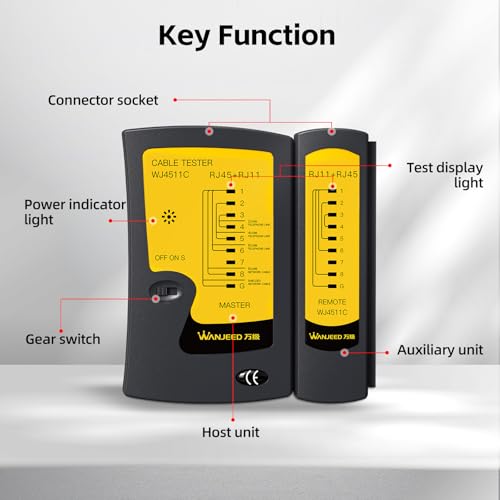 Network Cable Tester for LAN Ethernet Cable RJ45/RJ11/RJ12, Tests Cat5/Cat5e/Cat6/Cat6a/Cat7 UTP/STP Cables - Wire Mapping & Fault Finder for IT/Home (9V Battery Included) Multifunctional Ethernet Tester
