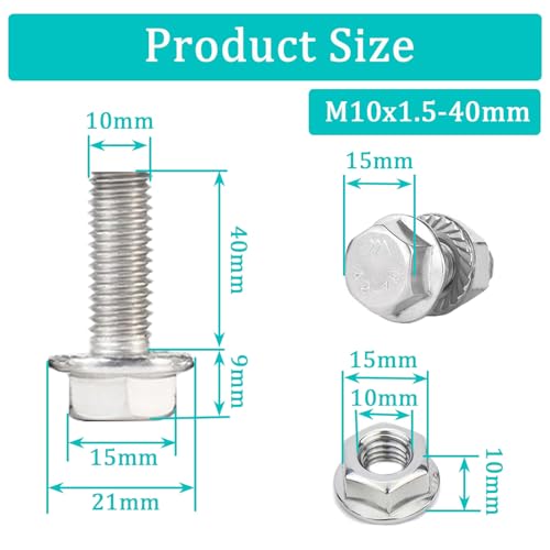 6pcs M10X1.5-40mm Stainless Steel Flange Screws Flange Exhaust Bolts and Nuts Kit for Securing Exhaust Components Hex Head Exhaust Manifold Hardware Kit