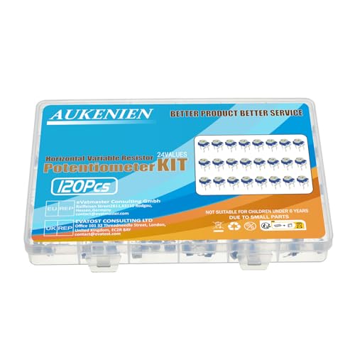 AUKENIEN 24 Values 120pcs Variable Resistor Potentiometer Assortment Kit 100 to 2M Ohm Blue and White Horizontal Adjustable Resistor Horizontal Variable Resistor