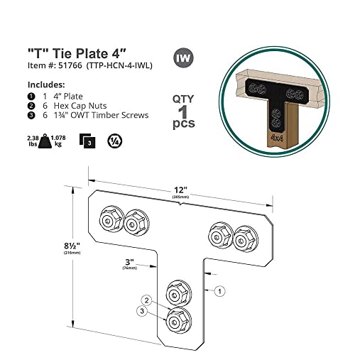 OZCO Ironwood T Tie Plate Connector 4" | Decorative T Connector for Pergola, Deck, Fence and Outdoor Wood Structures | Powder-Coated Galvanized Steel Hardware 4 Inch