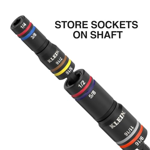 Klein Tools 653QS KNECT Quad Socket, 12 Sizes in 3 Sockets, 4-in-1 Color Coded SAE Impact Rated, Heavy-Duty, 1/4- and 3/8-Inch Drive, 3-1/2- and 6-1/2-Inch Shaft 12 SAE Sizes