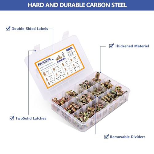 178Pcs Threaded Inserts for Wood,1/4"-20, 5/16"-18, 3/8"-16 10 Sizes Carbon Steel Inserts Kit,Hex Socket Threaded Screw Assortment with 3PCS Hex Wrench for Furniture 178Pcs Imperial Nuts