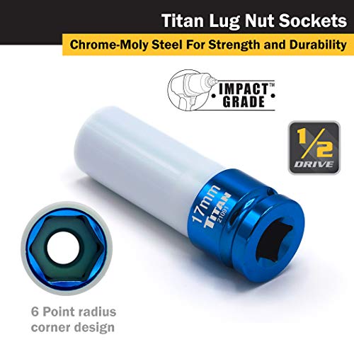Titan 21183 3-Piece 1/2-Inch Drive Non-marring Impact Deep Lug Nut Socket Set, Includes 17mm, 19mm, and 21mm 3pc Set