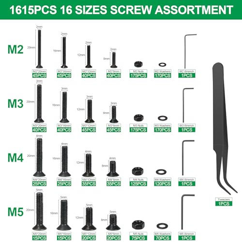 1615PCS Metric M2 M3 M4 M5 Hex Socket Flat Head Screws Countersunk Bolts Assortment Kit with Nuts/Washers,10.9Grade Alloy Steel Thread Hexagon Allen Machine Bolt with 4 Hex Wrenches 1615pcs-FlatScrews