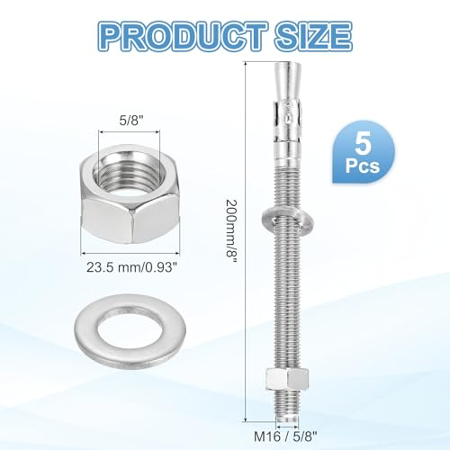 MECCANIXITY 5 Pcs Wedge Anchors, 5/8" x 8" Stainless Steel Concrete Anchors Bolts, Heavy Duty Standard Fastener for Cement Wall Base Bracket (Include Washers Nuts, Silver Tone) 5/8" x 8"