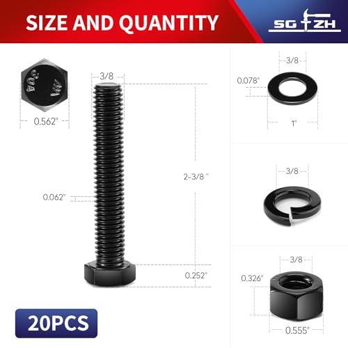 3/8-16 x 2-3/8" Hex Head Screw Bolt, Nuts, Flat & Lock Washers, 20Pcs 18-8 (304) Stainless Steel, Fully Threaded, Black Oxide by SG TZH