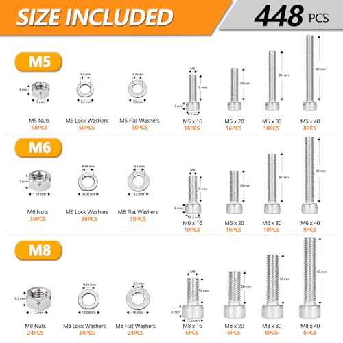 448 Pcs M5 M6 M8 Hex Socket Head Cap Screws Kit, 16/20/30/40mm Metric Bolts M5/M6/M8 - 16/20/30/40mm