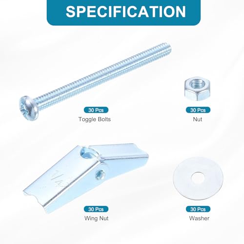 uxcell Toggle Bolt Wing Nut Assortment Kit, 30 Sets 1/4x3 Inch Butterfly Toggle Anchors with Wing Nuts, Hex Nuts, Washers, Hollow Drywall Anchors 1/4x3Inch