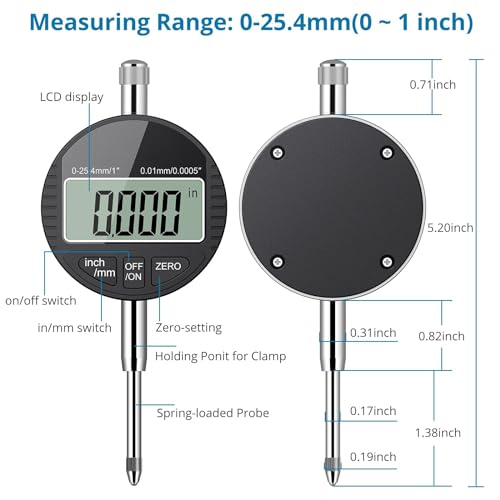 AUTOUTLET Digital Dial Gauge 0.01/0.0005 Inch Digital Dial Gauge Measuring Probe 0-25.4 mm/1 Inch Measuring Range with LCD Display, Digital Indicator Measuring Device Dial Test Indicators for Laboratory Workshop etc. (Black) black