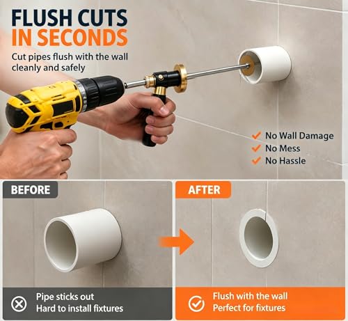 Upgraded Inside Pipe Cutter for PVC Pipe, One-Press Adjustable Depth 0.4"-7", Flush Cut Tool with Diamond Cutting Wheel, Fits Multiple Pipe Sizes, 1/4" Hex Shank for Drill & Impact Driver Pro Kit