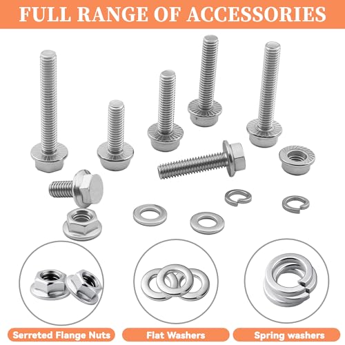260Pcs 304 Stainless Steel M6 Flange Hex Head Bolts Assortment Kit,M6-1.0 x 12/16/20/25/30/35/40mm with Serrated Flange Nuts,Washers & Lock Spring Washers,Hex Head Screw, Full Thread DIN6921 Sliver M6 Flange Blots Kit