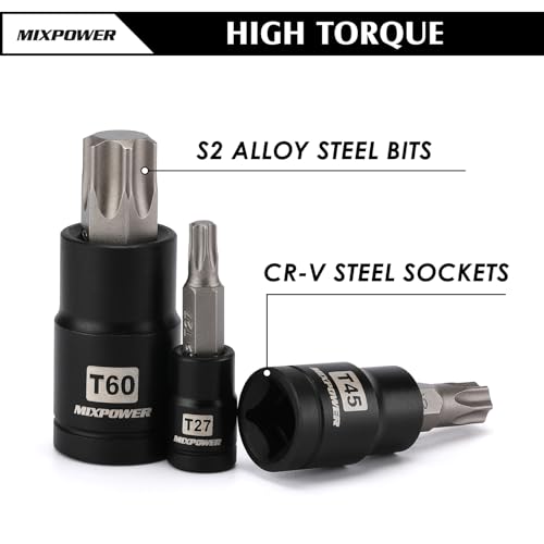 MIXPOWER 32PCS Torx Bit Socket Set, 14 Star Bits (T8-T70)& 13 E-Torx Sockets (E4-E24), CR-V & S2 Alloy Steel T8-T70,E4-E24(32PCS)