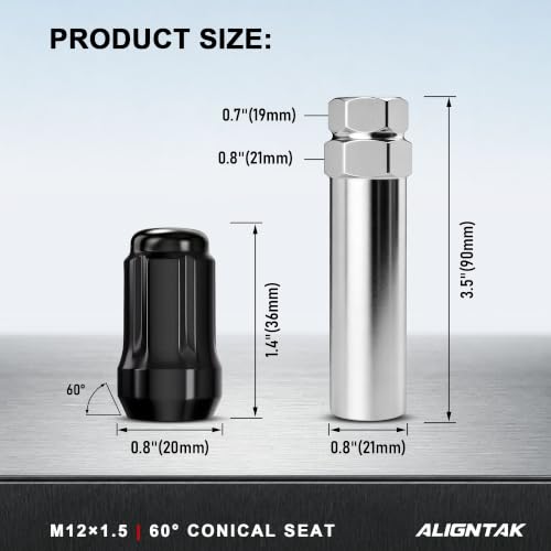 20PCS M12x1.5 6 Spline Lug Nuts, Black Closed End, 36mm Tall, 20mm OD, 60 Degree Conical Seat, Socket Key, for Select Accord Civic CR-V Impala Malibu Escape Aftermarket Wheels 20