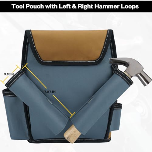 MELOTOUGH Professional Tool Belt Pouch,Small Tool Pouch with Belt,Left/Right Hammer Holder,Design Multi-Functional Pockets for Electrician/Carpenter/Construction, Waist Fits 32-50 Inches,Khaki