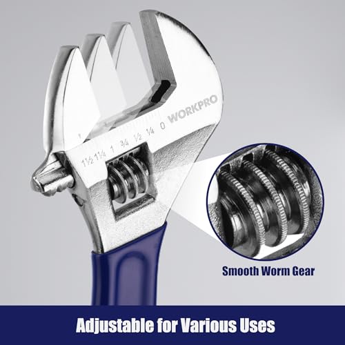WORKPRO 4-Piece Wide Jaw Adjustable Wrench Set, 6"-12", Chrome Plated Blue