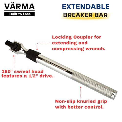 1/2" Drive Breaker Bar – 12–17.75" 6-Stage Extendable Handle, 180° Flex Head, Chrome Vanadium, High Torque 1/2" Drive Breaker Bar