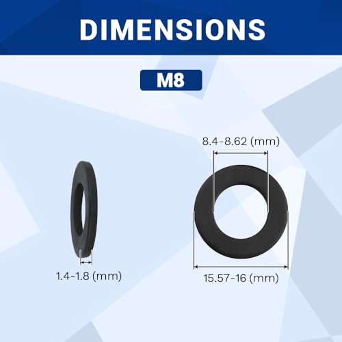 M8 (8.5mm ID x 16mm OD) Black Flat Washers (100 pcs), 304 Stainless Steel 18/8 Metal Washers for Screws and Bolts, Black Finish M8 x 16mm OD 100