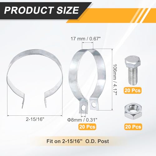 uxcell 20Pcs Brace Bands Chain Link Fence, Galvanized Steel Tension Bands with Bolts & Nuts for 2-15/16" Chain Link Post, Pipe, Gate, Fences Panels, Silver (4.2" Length x 0.7" Width) 2-15/16" ID x 4.2" Length x 0.7" Width 20