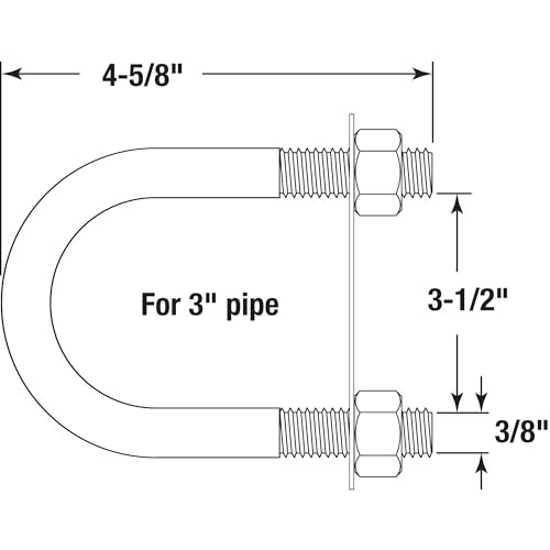 Prime-Line 9072026 U-Bolts, Round Bend, 3/8 In.-16 X 3-1/2 In. X 4-5/8 In. - for 3 In. Pipe (10 Pack), Zinc 3/8 in. -16