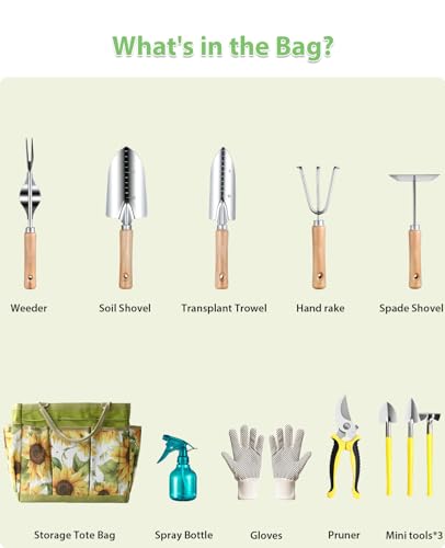 MOSFiATA 12Pcs Garden Tools Set, Heavy Duty Gardening Kit with Organizer Bag, for Digging, Weeding, Transplanting, Pruning Ideal Gardening Gifts Garden Tools Set 12Pcs