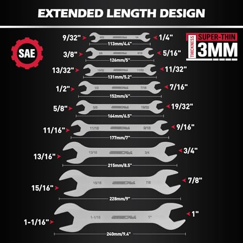19-Piece Super Thin Open-End Wrench Set, SAE 1/4"-1-1/16" & Metric 5.5–27 mm, 3 mm Thickness Slim Wrench Set for Tight Spaces, Nickel Plated Flat Wrenches with Red & Blue Rolling Storage Pouches 19-Pc MM/SAE (3mm Super Thin)