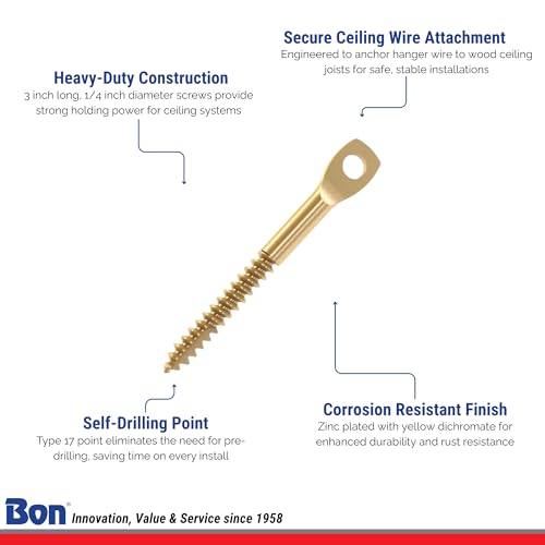 Bon Eyelag Screws for Wood – 3 Inch – Self-Drilling Zinc Plated Screws for Ceiling Wire Installation – 100 Pack