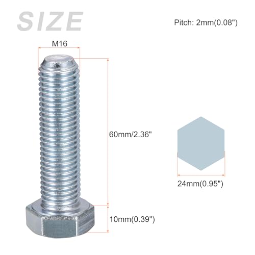 METALLIXITY Hex Bolts (M16-2x60mm) 10Pcs, 8.8 Grade Carbon Steel Zinc Plated Fully Threaded, Coarse Thread UNC Hex Head Screw Bolt - for Furniture Repair, Silver M16-2x60mm