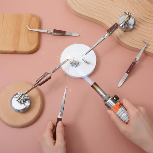 5 Pcs Soldering Tweezers Set, 3 Pcs Cross Lock Solder Tweezer+2 Pcs Jewelry Third Hand Tools with Base 360 Degree Rotation Round Base for Jewelers Jewelry Making Welding
