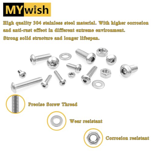 Mywish 900Pcs Stainless Steel Button Socket Cap Metric M3 M4 M5 M6 Screw Assortment Kit & 900Pcs Grade 12.9 Round Head Alloy Steel M3 M4 M5 M6 Nuts and Bolts, Bolts & Flat Washers/Nuts/Hex Wrenches