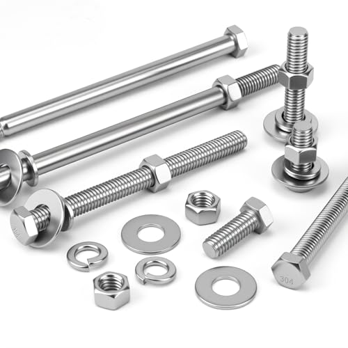 Mellewell 3/8-16 x 6-1/2" Hex Head Bolts with Hex Nuts and Thick Flat & Lock Washers, Partially Threaded, Stainless Steel 18-8, Plain Finish, 4 Sets 3/8-16 x 6-1/2" Silver