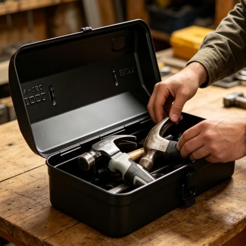 Small Metal Tool Box 12 Inch Metal Box with Lid Steel Tool Box 1PCS Black 12IN