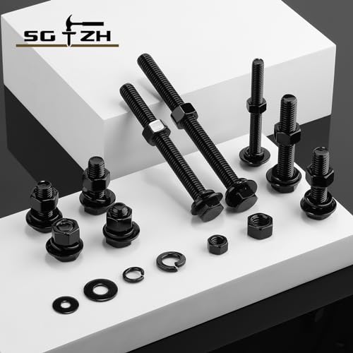 3/8-16 x 4 Hex Head Screw Bolt, Nuts, Flat & Lock Washers, 10Pcs 18-8 (304) Stainless Steel, Fully Threaded, Black Oxide by SG TZH