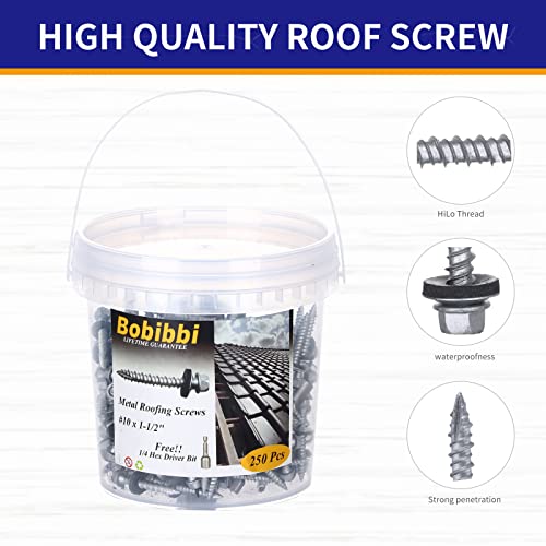 Metal Roofing Screws 10 x 1-1/2 inch, Hex Head Sheet Metal Roof Screw with EPDM Washer for Corrugated Roofing (250Pcs) 10X1-1/2‘’ Silver Ruspert